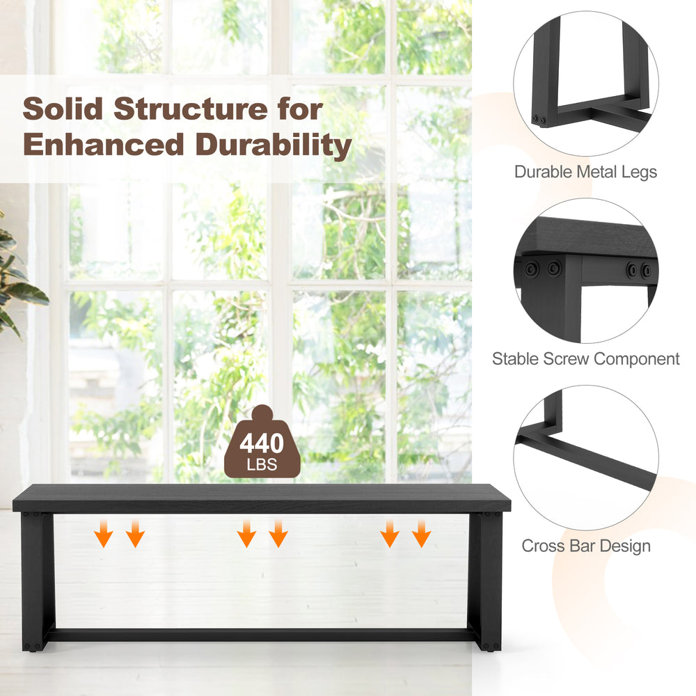 Wood dining bench with a metal frame, featuring a stable cross bar design and adjustable footpads for versatile use.