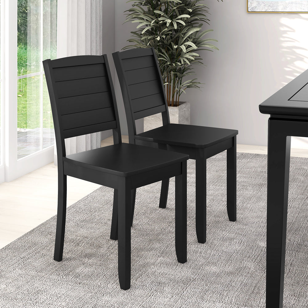 Black wood dining chair set of 2 with rubber wood legs, featuring a curved backrest for comfort and farmhouse style.