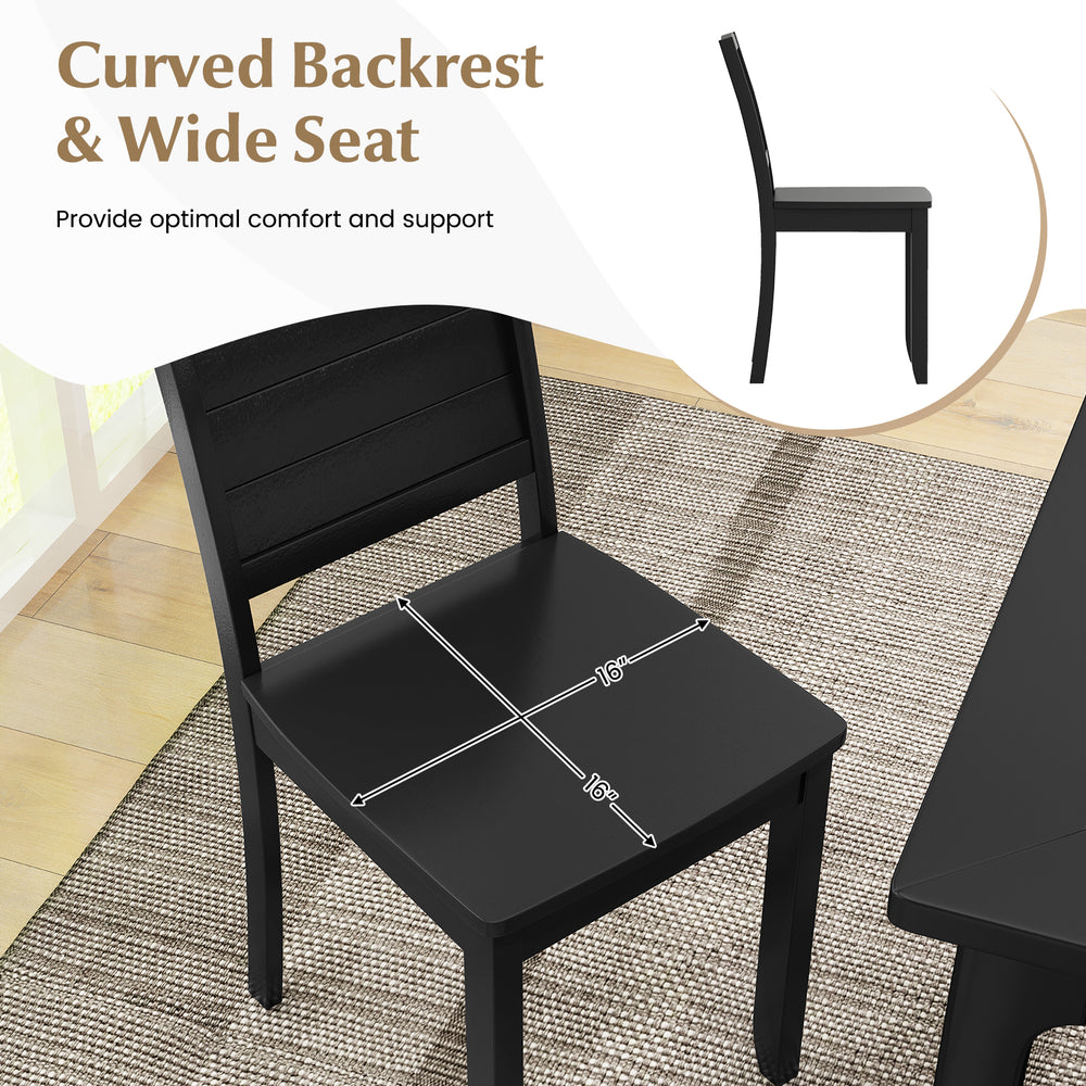 Black wood dining chair with curved backrest and wide seat, featuring rubber wood legs for kitchen comfort and.
