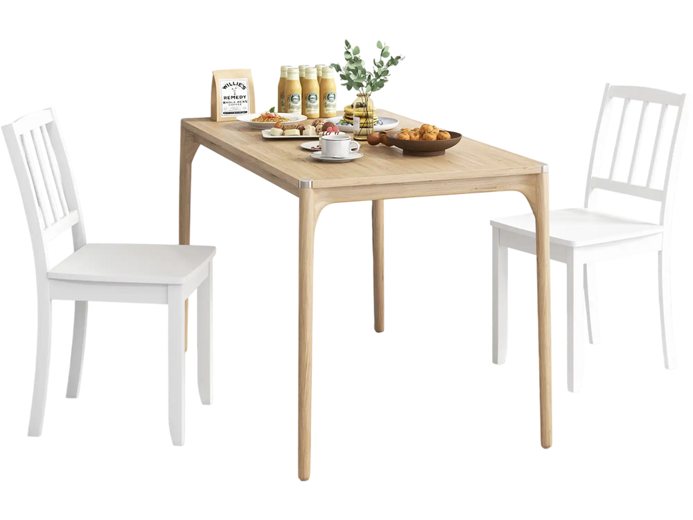 White wood dining chairs with rubber wood legs, featuring a curved backrest and rustic charm, perfect for cozy dining.