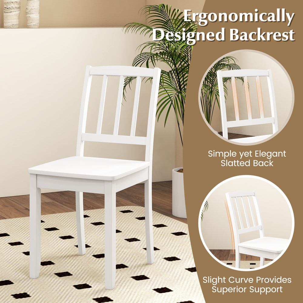 White wood dining chair with ergonomic backrest and rubber wood legs, perfect for farmhouse-style dining rooms.