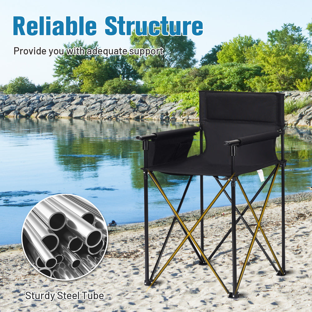 Oversized high camping chair with detachable armrests, sturdy steel tube frame, and anti-skid feet for outdoor.