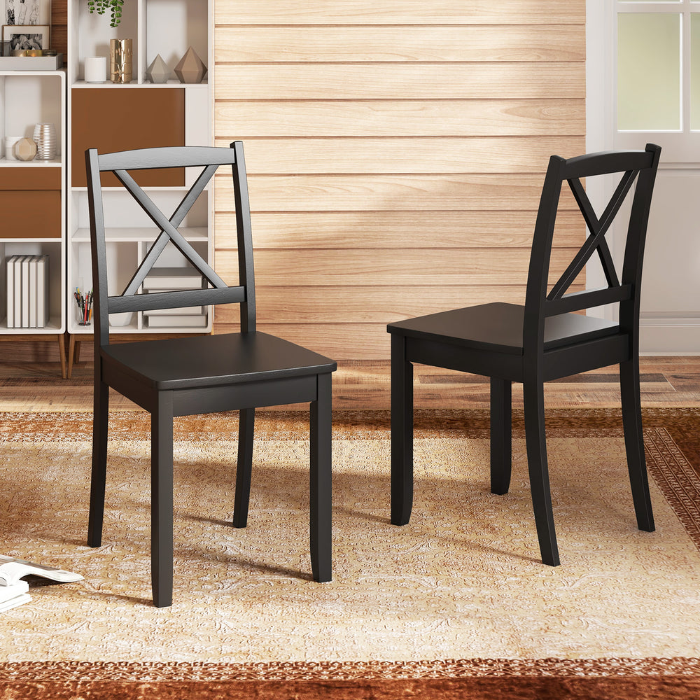 Black wood dining chairs with rubber wood legs and curved backrest, featuring a stylish cross back design for elegant.