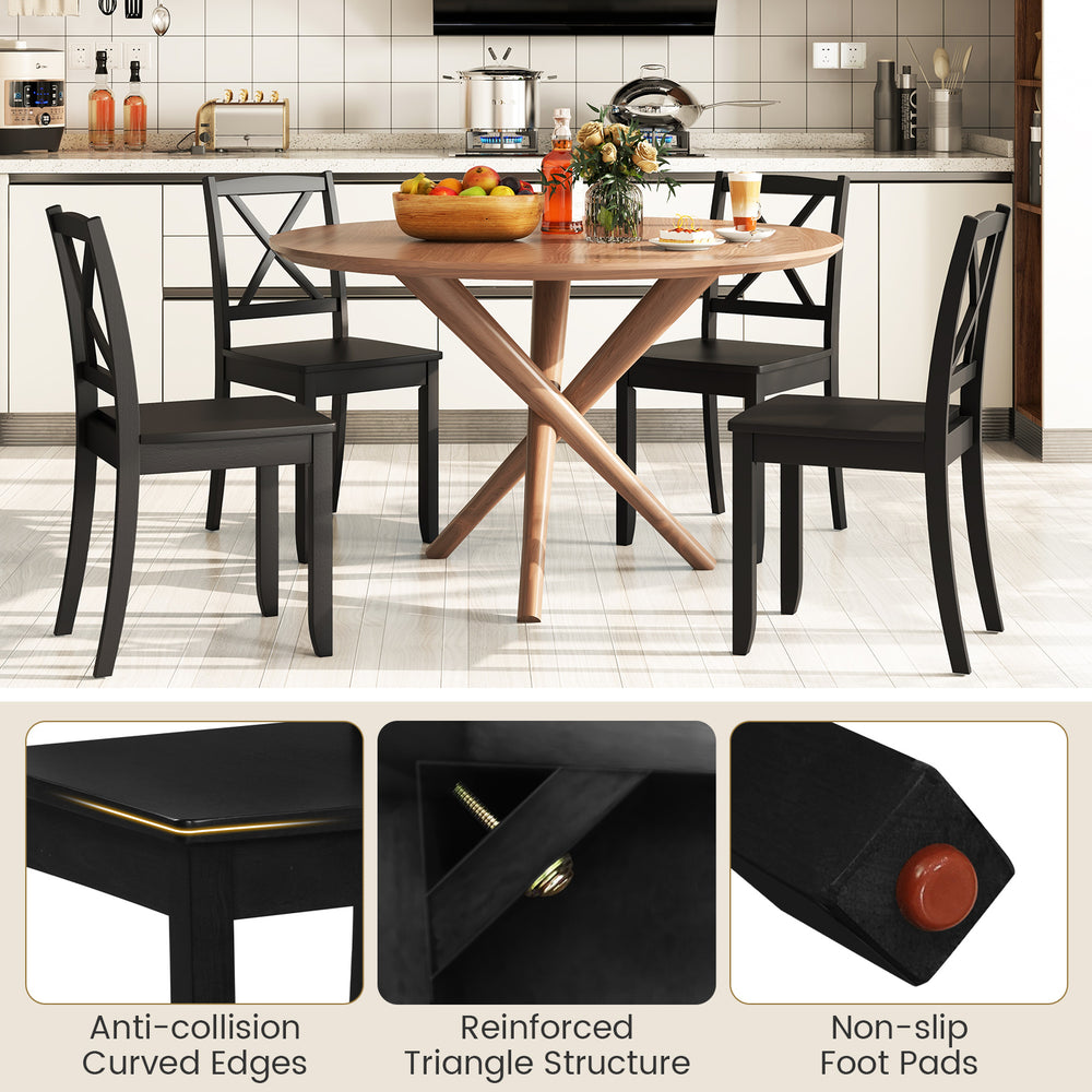 Black wood dining chair set of 2 with rubber wood legs and curved backrest, featuring anti-collision edges for safety.