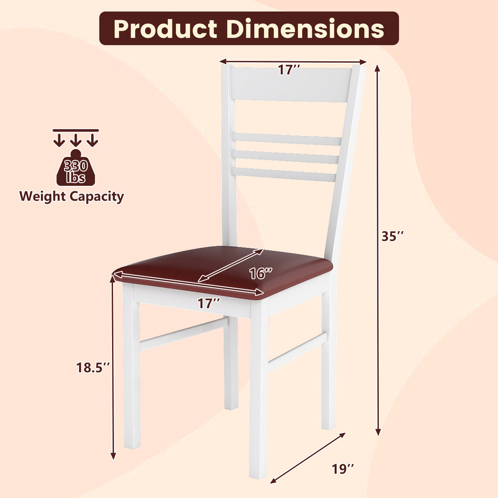 Wood dining chair dimensions with a white rubber wood frame, high backrest, and PU leather seat for easy maintenance.