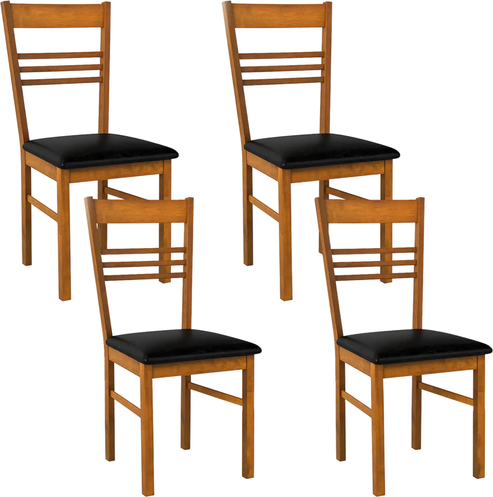 Set of 4 walnut wood dining chairs with high backrests and PU leather seats, ideal for kitchens and dining rooms.