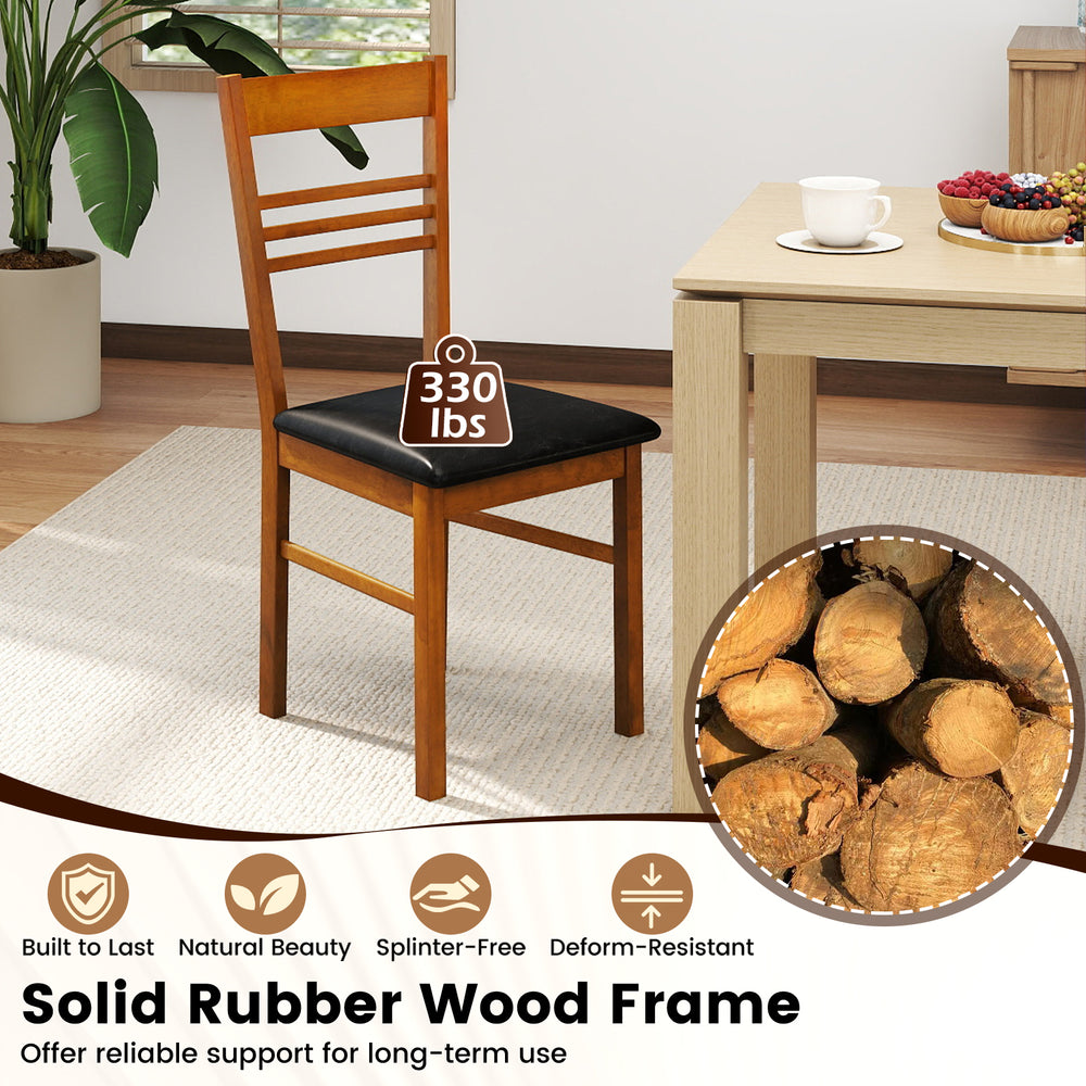 Wood dining chair with a solid rubber wood frame in walnut, featuring a high backrest and PU leather seat for comfort.