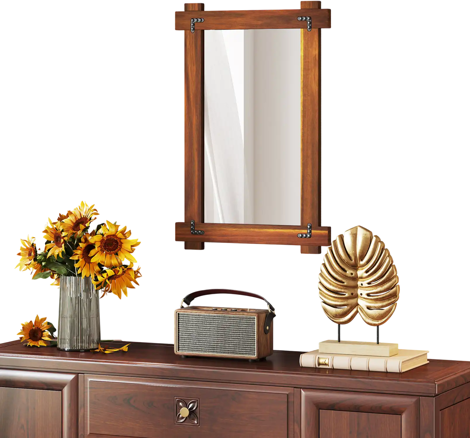 Costway Acacia Wood Framed Wall Mirror Vintage Rivet Brown-S 371624958 New