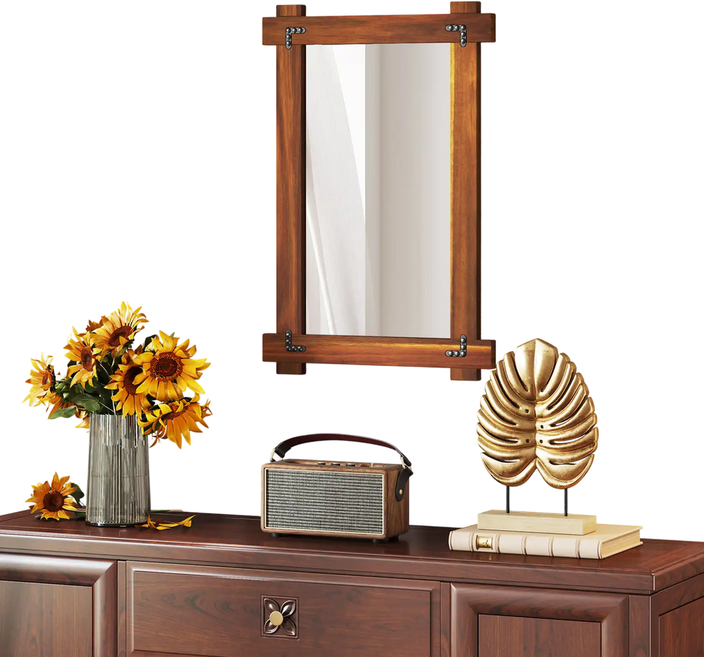 Wood framed mirror with acacia wood and vintage rivet design, enhancing rustic appeal in a living room setting.