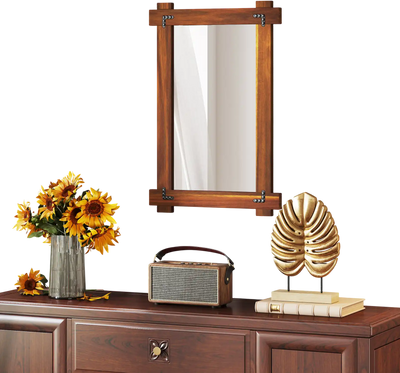 Costway Acacia Wood Framed Wall Mirror Vintage Rivet Brown-S 371624958 New