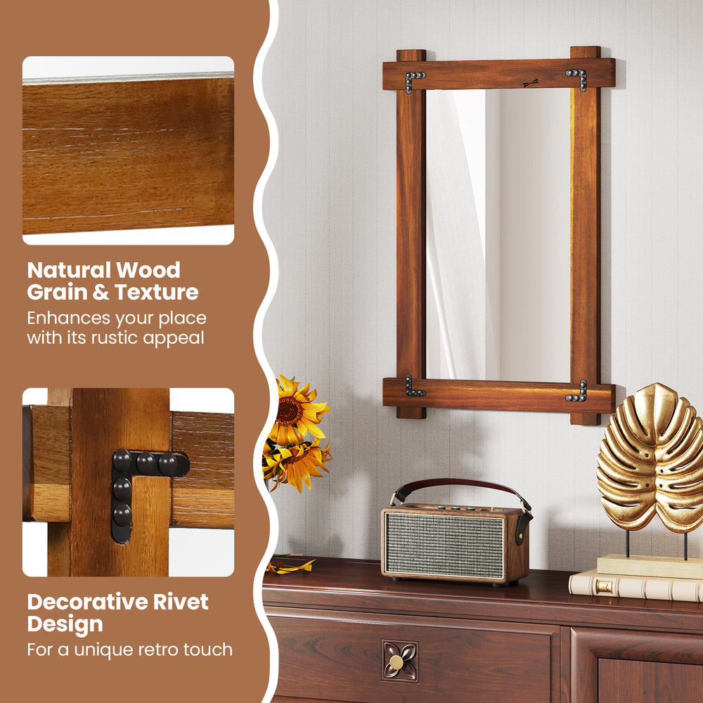 Wood framed mirror with acacia wood and vintage rivet design, enhancing rustic appeal in living spaces.