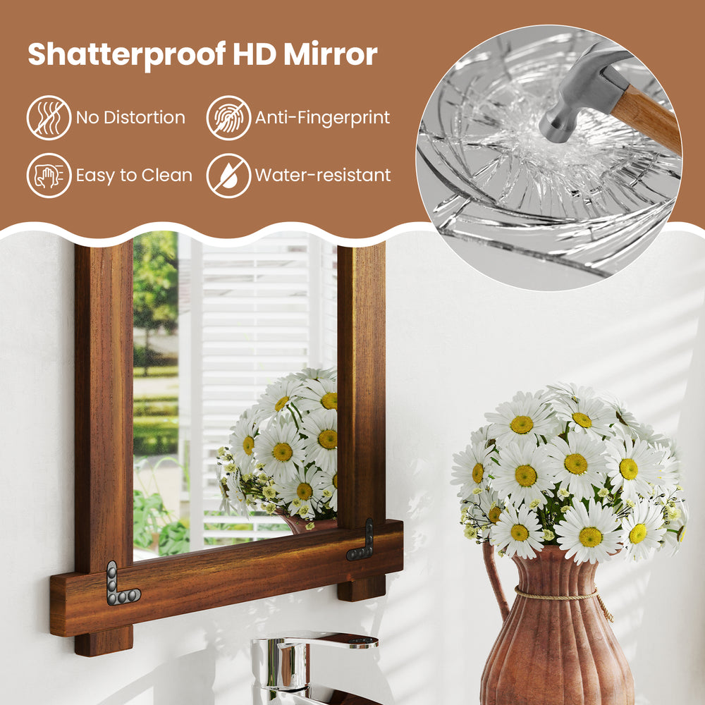 Wood framed mirror with acacia wood and vintage rivet design, shatterproof for safety, ideal for rustic home decor.