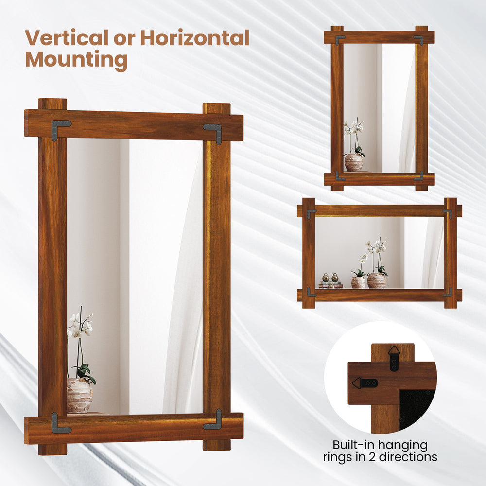 Wood framed mirror featuring a vintage rivet design, made from acacia wood, suitable for vertical or horizontal.
