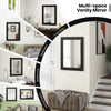 Wood framed rectangle vanity mirror with a chic patterned frame, ideal for living room or entryway decor.