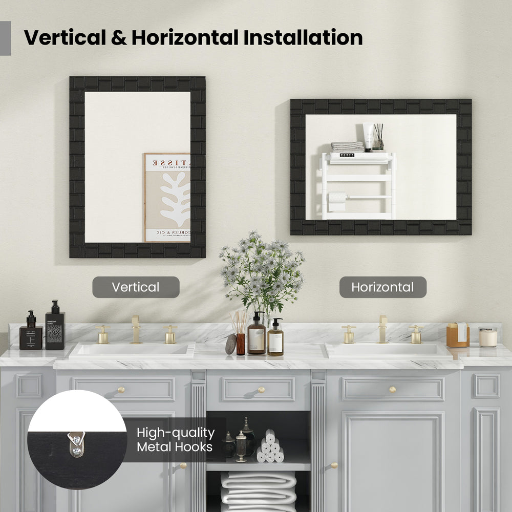 Rectangle black wood framed wall mirror with vertical and horizontal installation options for versatile decor.