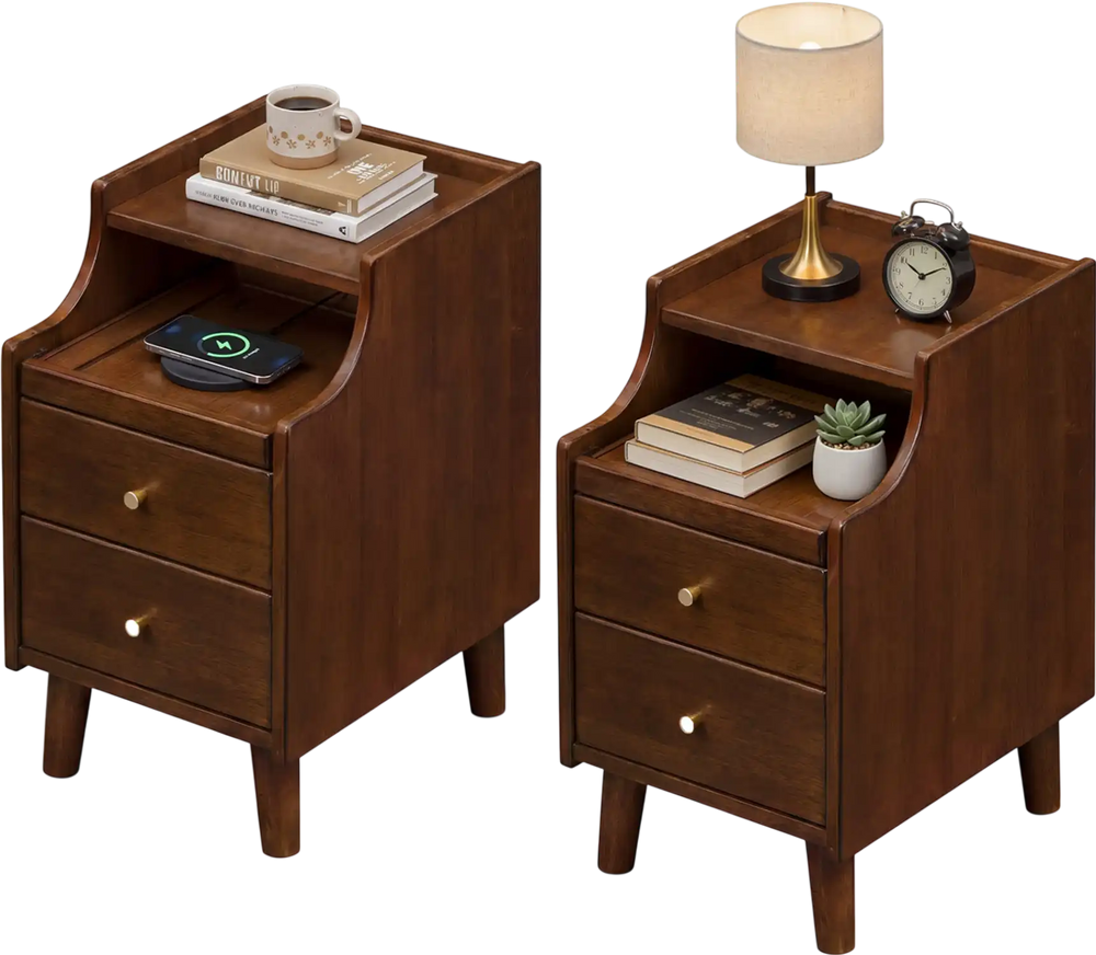 Wood nightstand set of 2 in brown with drawers and solid wood legs, perfect for bedside storage and decor.