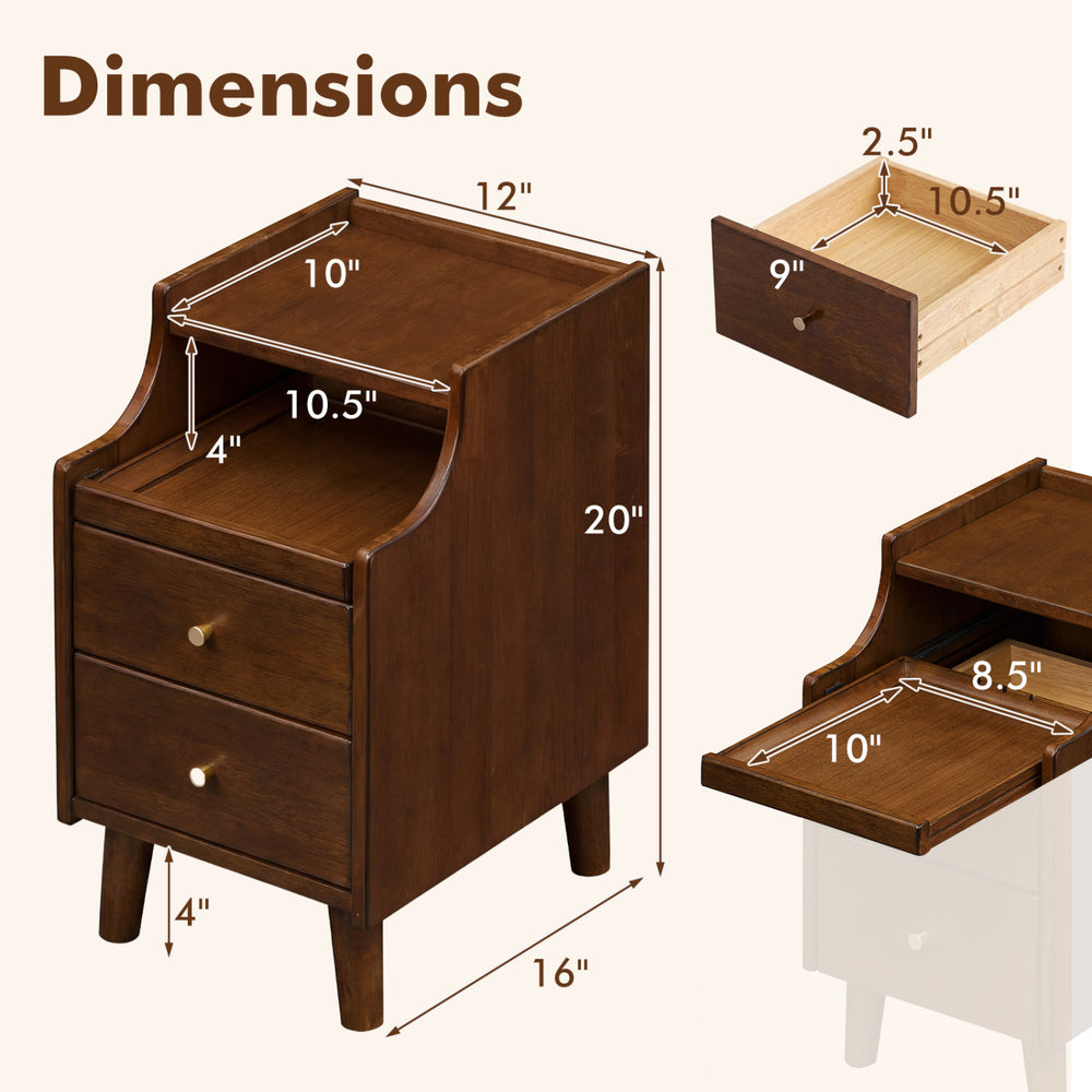 Wood nightstand with dimensions shown, featuring two drawers and solid wood legs in a rich brown finish.