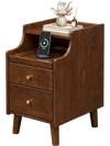 Wood nightstand in brown with two drawers and solid wood legs, featuring a top shelf for decor and wireless charging.