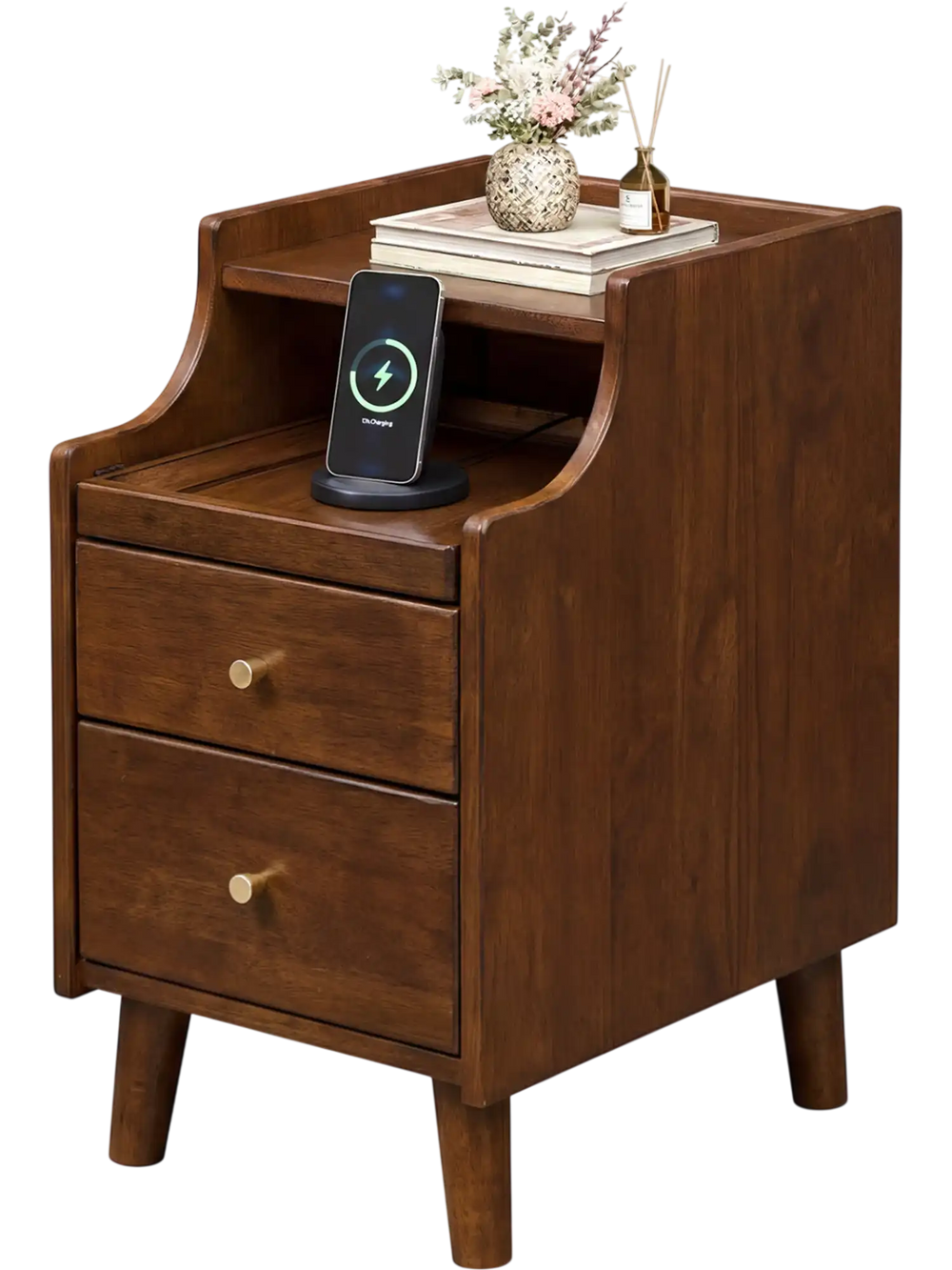 Wood nightstand in brown with two drawers and solid wood legs, featuring a top shelf for decor and wireless charging.