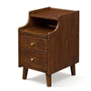 Wood nightstand in brown with two drawers and solid wood legs, perfect for bedroom storage and style.