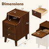 Wood nightstand with two drawers, solid wood legs, and dimensions displayed for bedroom use in brown finish.