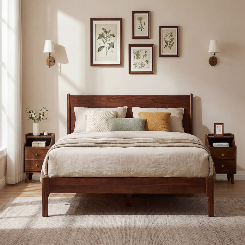 Brown wood nightstand with drawers and solid wood legs, styled beside a bed in a cozy bedroom setting.