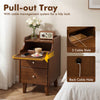Wood nightstand with pull-out tray, brown finish, featuring cable management and two drawers for bedroom organization.