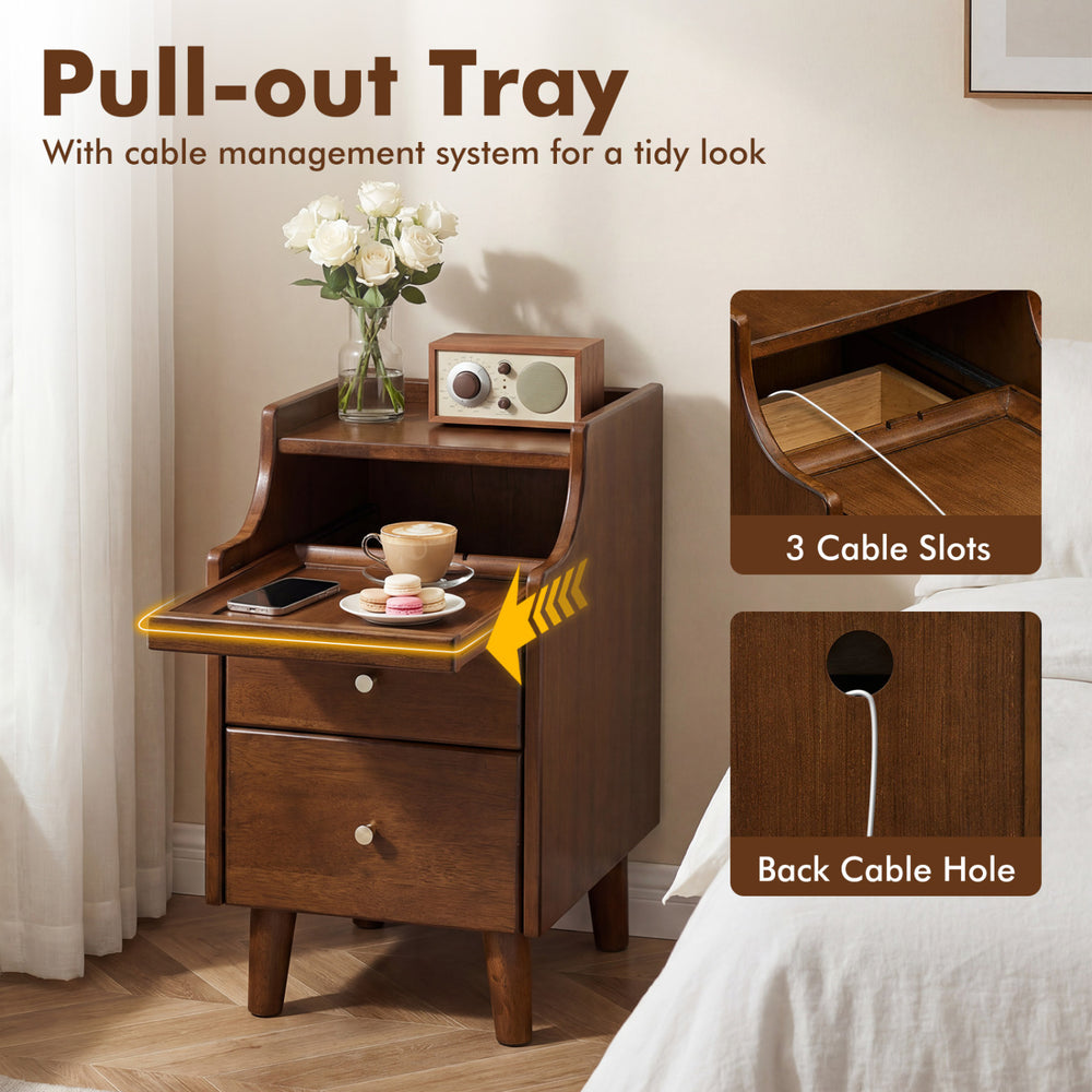 Wood nightstand with pull-out tray, brown finish, featuring cable management and two drawers for bedroom organization.