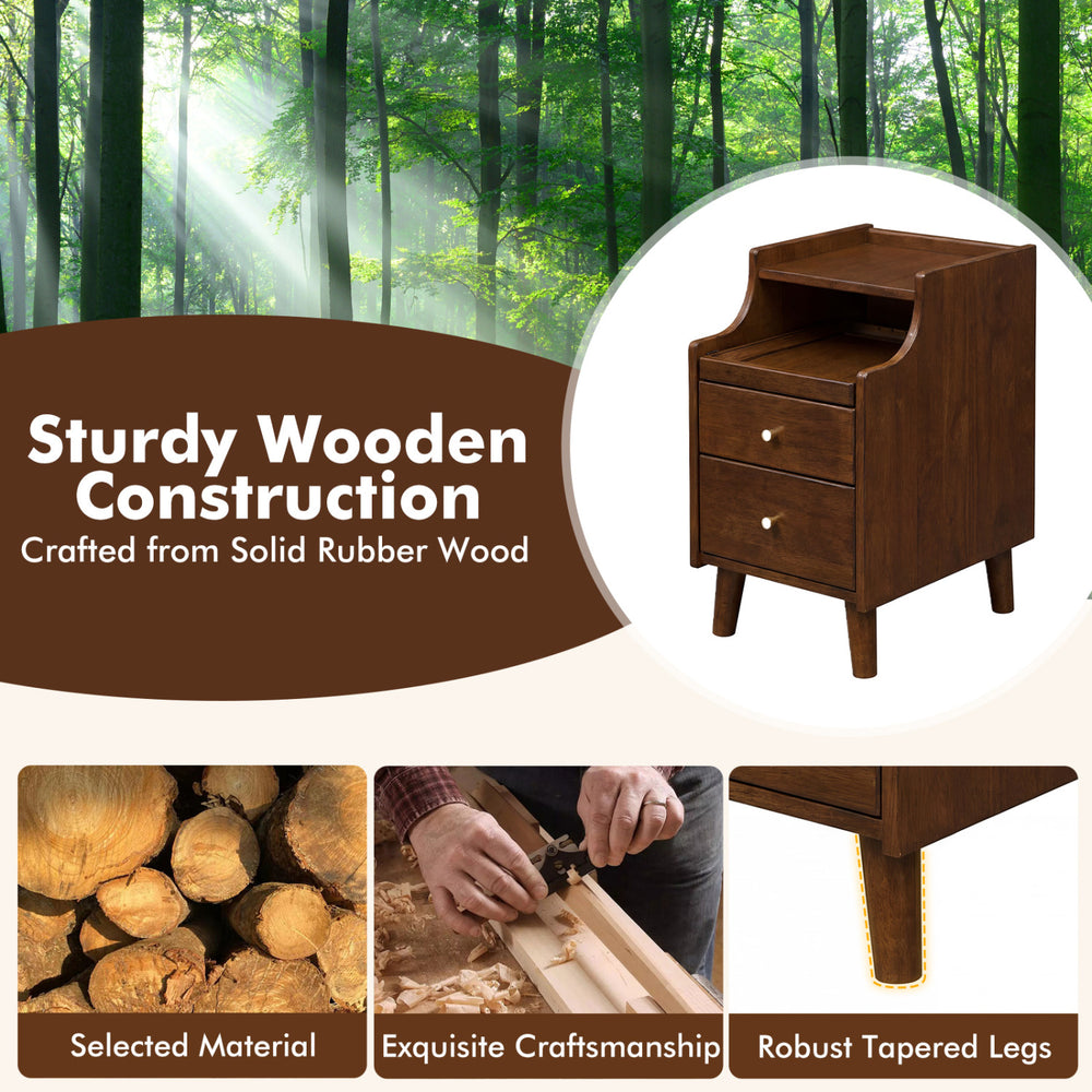 Wood nightstand with two drawers and solid rubber wood legs, featuring a brown finish for bedroom decor.