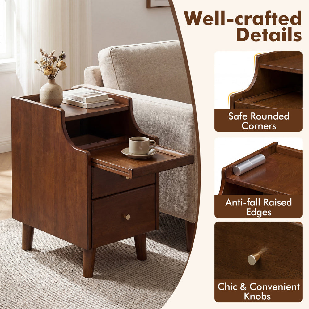 Wood nightstand in brown with drawers, solid wood legs, and safe rounded corners for stylish bedroom storage.