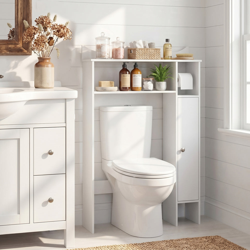 Wood Over the Toilet Bathroom Space Saver with Paper Holder and Shelf-White - Gallery View 1 of 10