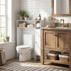 Wood over the toilet bathroom space saver in white with shelves and toilet paper holder for efficient storage.