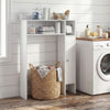White wood over-the-toilet bathroom space saver with shelves and paper holder, ideal for maximizing small spaces.
