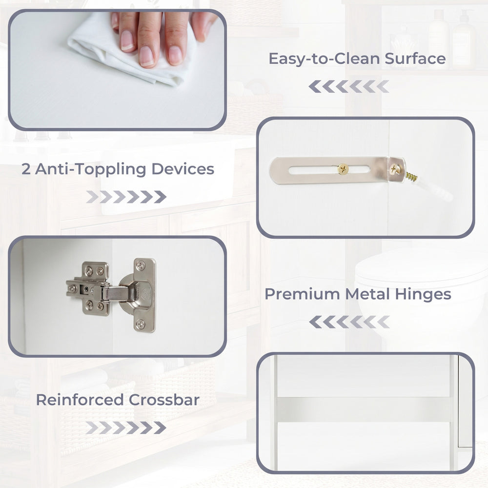 Close-up of premium metal hinges and anti-toppling devices on the Wood Over the Toilet Bathroom Space Saver in white.