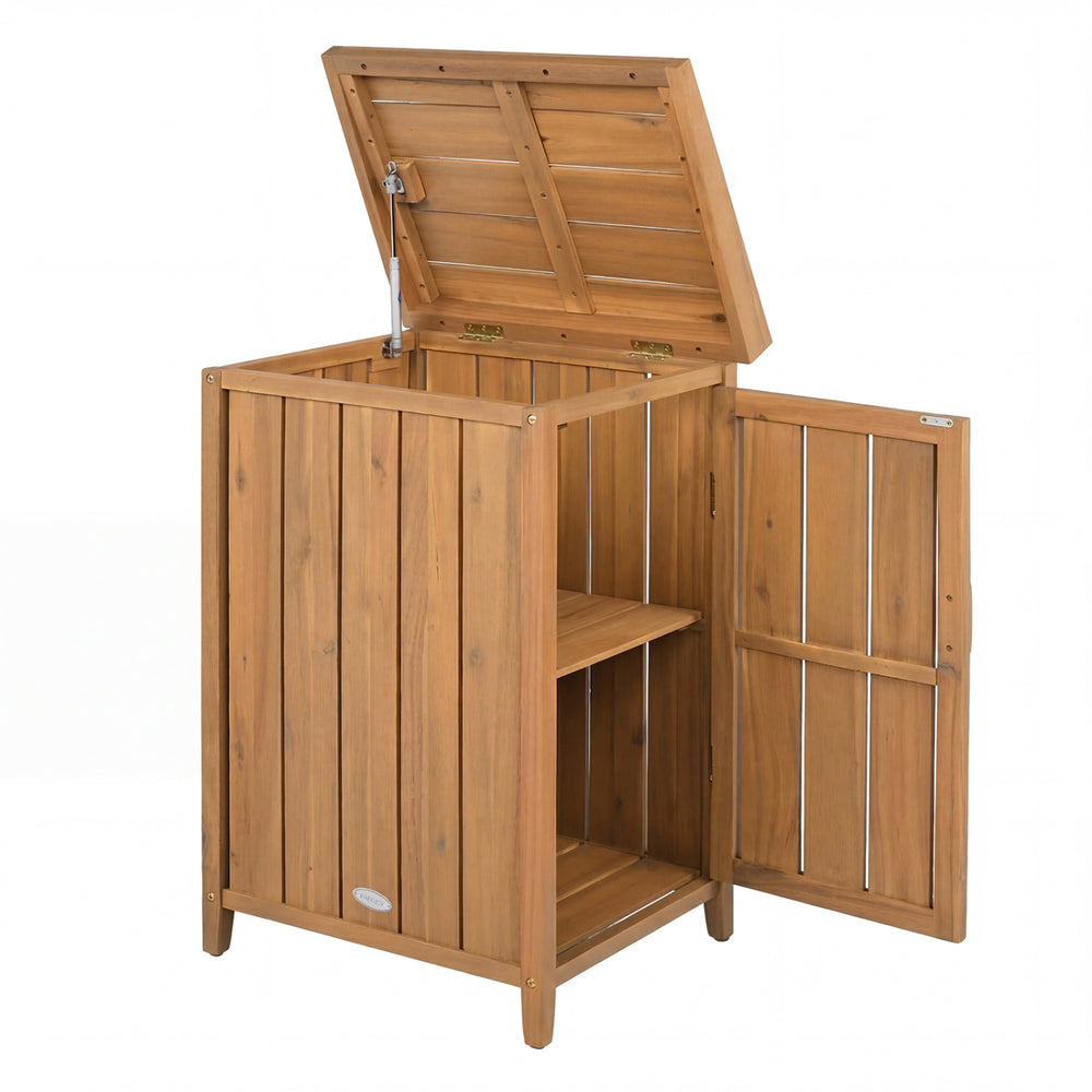 Wood package delivery box with openable lid, removable shelf, and acacia wood frame for garden storage.