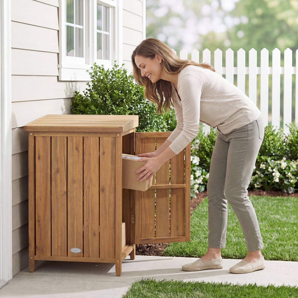 Wood package delivery box with openable lid and removable shelf, made of acacia wood, perfect for garden storage.