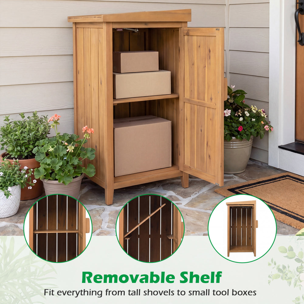 Wood package delivery box with openable lid and removable shelf, made of sturdy acacia wood, ideal for garden storage.