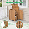 Wood package delivery box with openable lid, removable shelf, and ventilated gaps for outdoor storage in the garden.