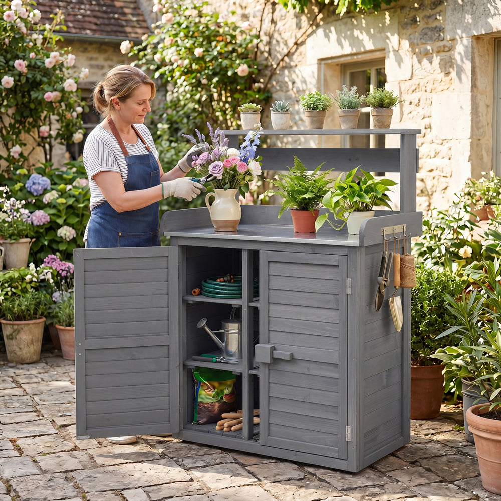 Wood Plant Workstation with Stainless Steel Tabletop and Removable Shelves-Gray - Gallery View 1 of 10