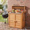 Wood plant workstation with stainless steel tabletop, double door cabinet, and removable shelves for versatile gardening needs.