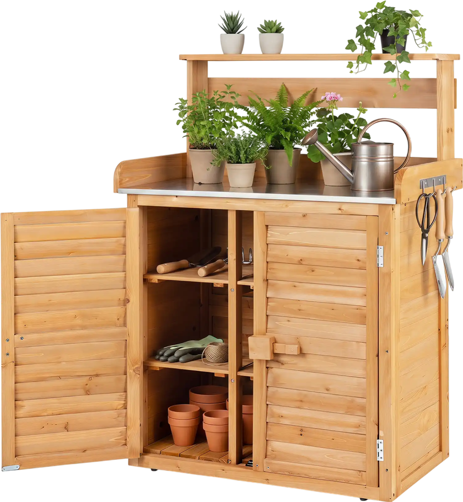 Costway Wood Plant Potting Table Workstation Stainless Steel Top 73554017 New