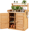 Wood plant workstation with stainless steel tabletop, double door cabinet, and removable shelves for gardening organization.