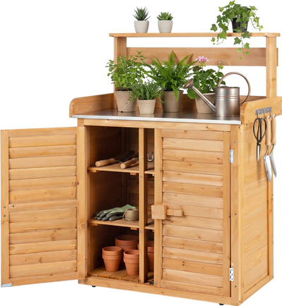 Costway Wood Plant Potting Table Workstation Stainless Steel Top 73554017 New