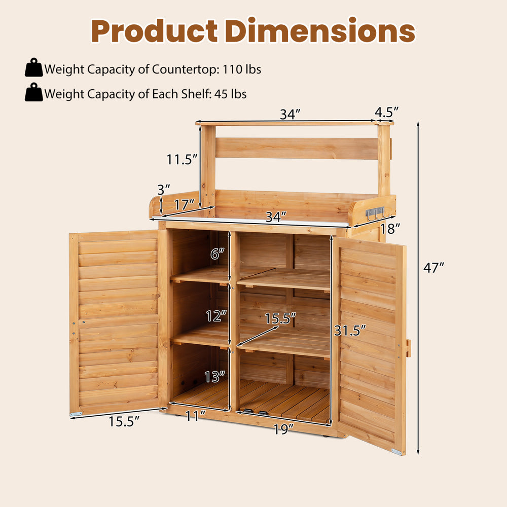 Wood plant workstation featuring a stainless steel tabletop, removable shelves, and double doors for versatile storage.