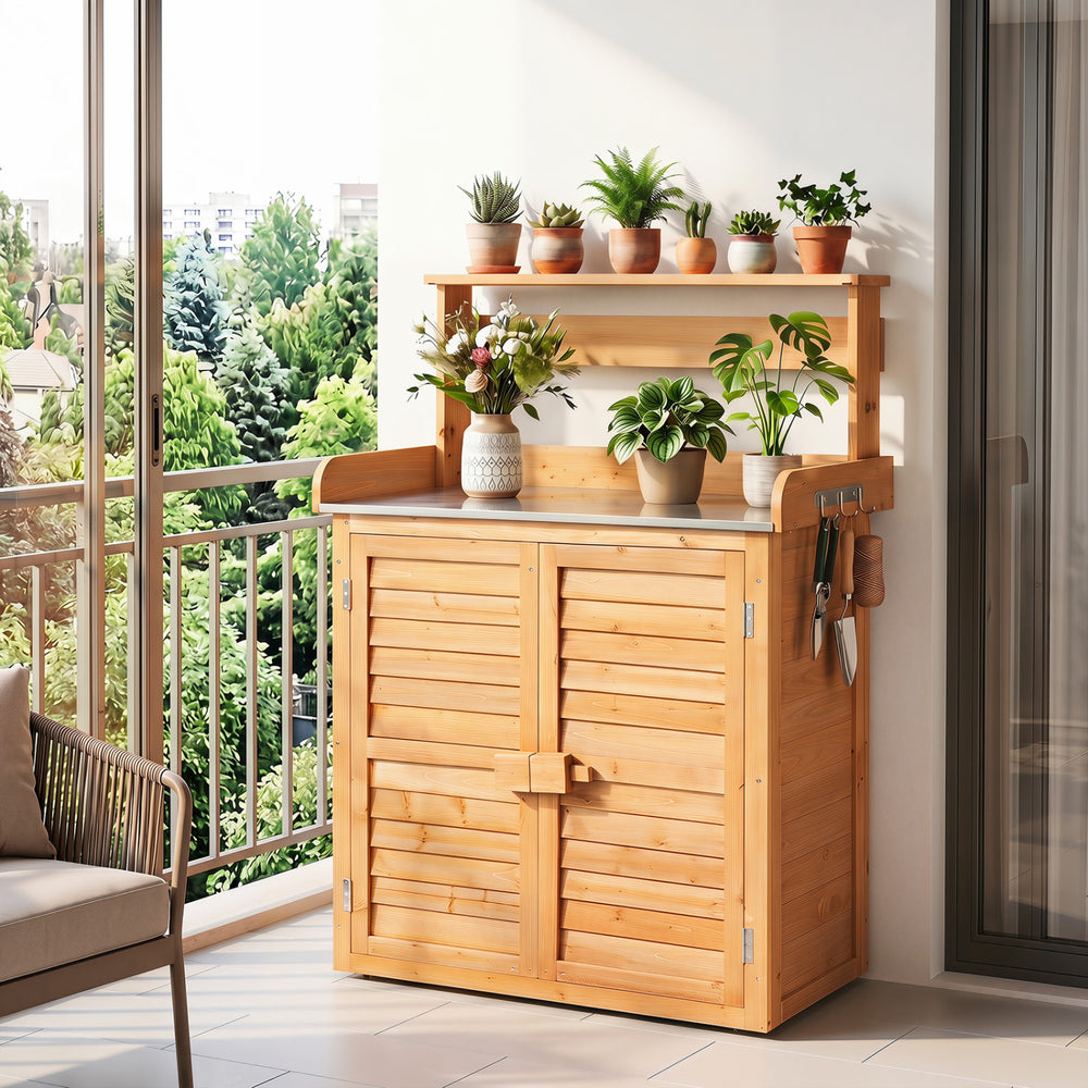 Wood plant workstation featuring a stainless steel tabletop, removable shelves, and a natural fir wood finish for outdoor use.