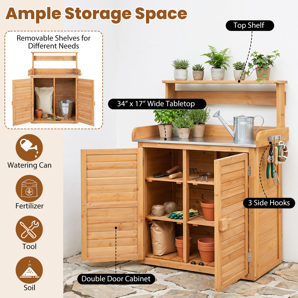 Wood plant workstation with stainless steel tabletop, double door cabinet, removable shelves, and side hooks for tool storage.