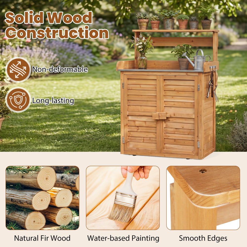 Wood plant workstation made of natural fir wood with stainless steel tabletop, featuring removable shelves and smooth edges.