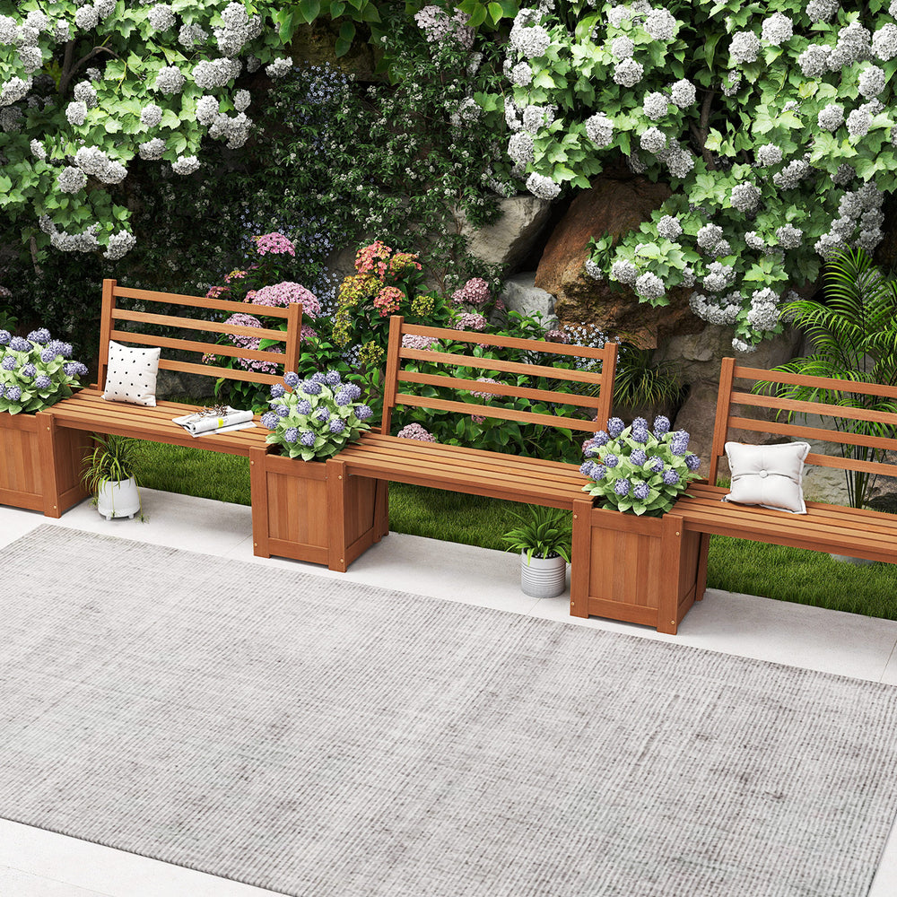 Wood planter box with bench and backrest, featuring a rustic design, perfect for garden or balcony use.