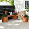 Wood planter box with bench and backrest in rustic style, perfect for garden or balcony, featuring deep planter for.