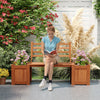 Wood planter box with bench and backrest, featuring a rustic design, perfect for garden or balcony relaxation.